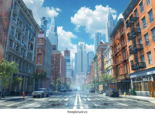 New York City Street Scene Illustration with Cars