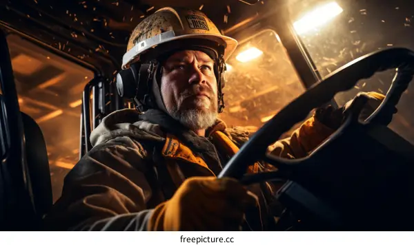 Bearded man in hard hat driving a vehicle