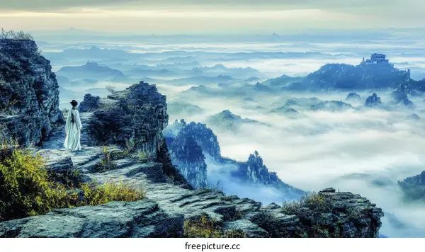 Misty Mountain Scenery with a Figure