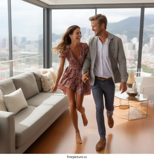 Happy couple holding hands and walking in their new home