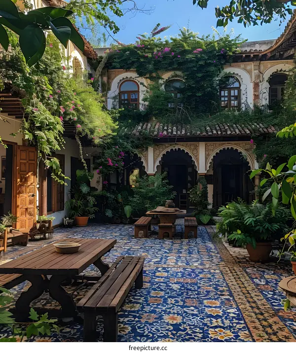 Traditional Courtyard with Floral Tile Design and Lush Greenery