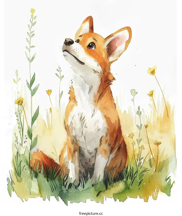 A watercolor painting of a red fox sitting in a field of grass and flowers