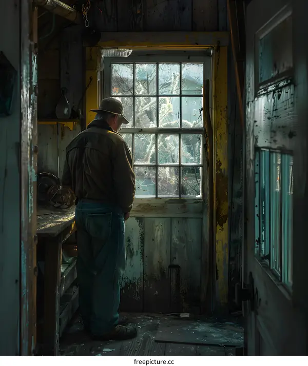 Man Looking Through Window In Old Wooden Building