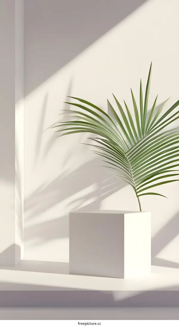 Minimalist White Cube with Palm Leaf Shadow