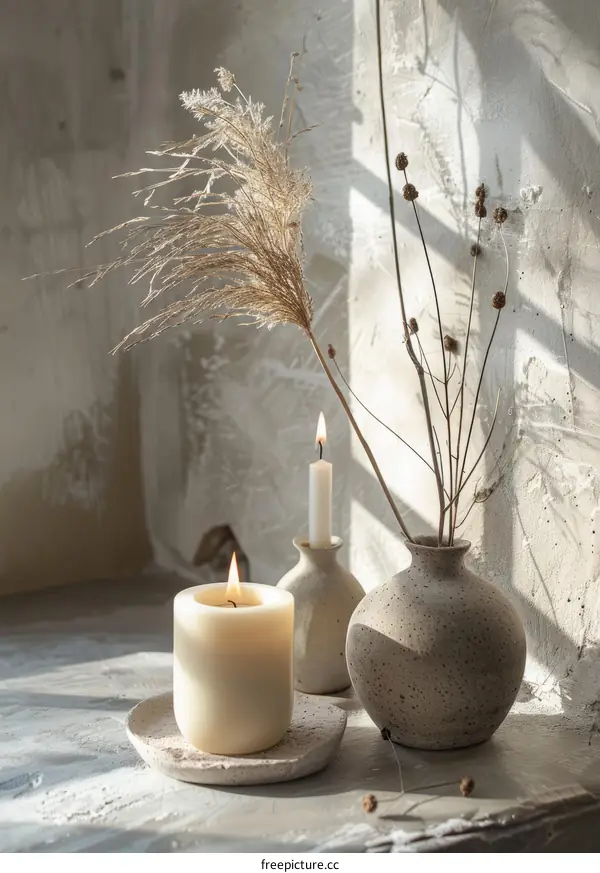 A Peaceful Still Life with a Candle and Flowers