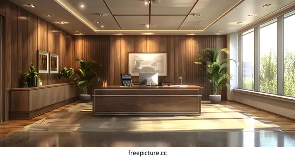 Office interior with wooden wall paneling and large windows