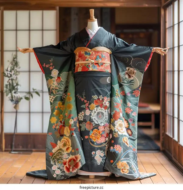A kimono with a floral pattern and a red obi sash