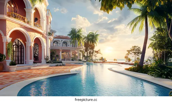 Luxury Villa with Pool and Palm Trees at Sunset