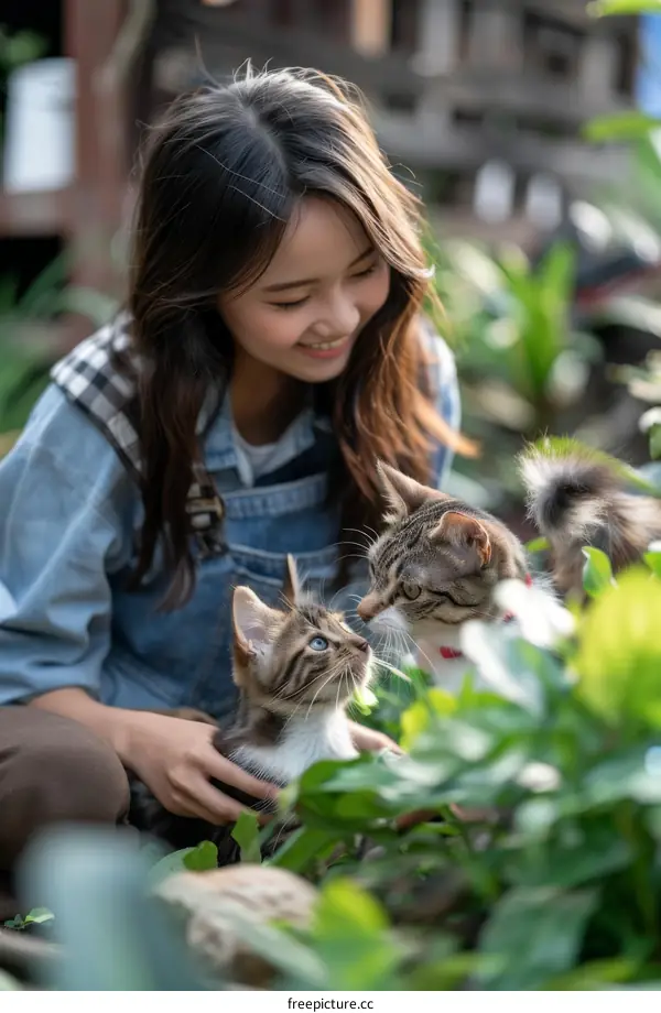 Asian woman with two cats in a garden