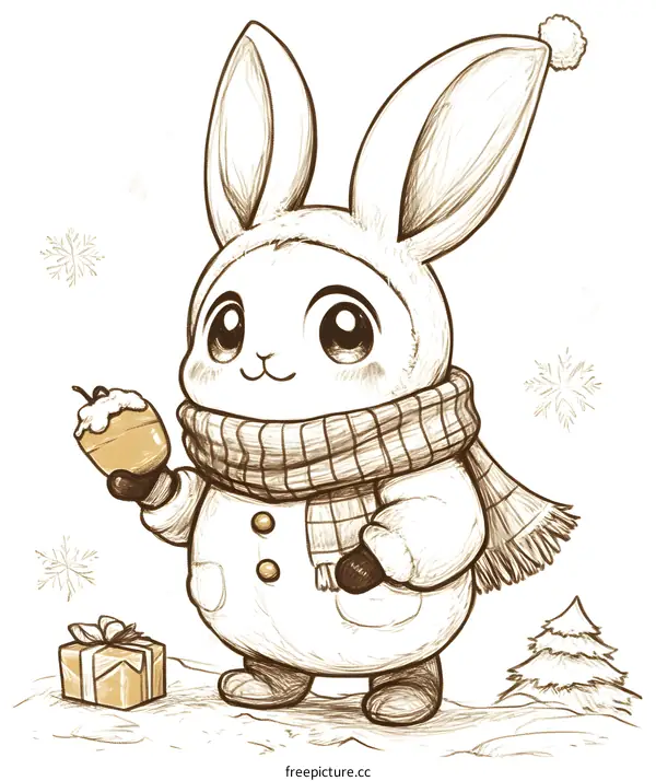 Cute Bunny in Winter Outfit Holding a Gift