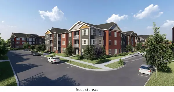 Modern Apartment Building with Green Landscaping and Parking Lot