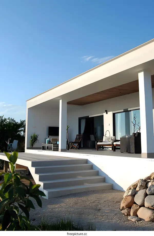 Modern White House with Patio and Steps