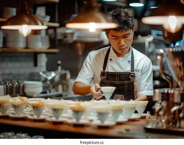 Asian chef carefully brewing coffee in a restaurant