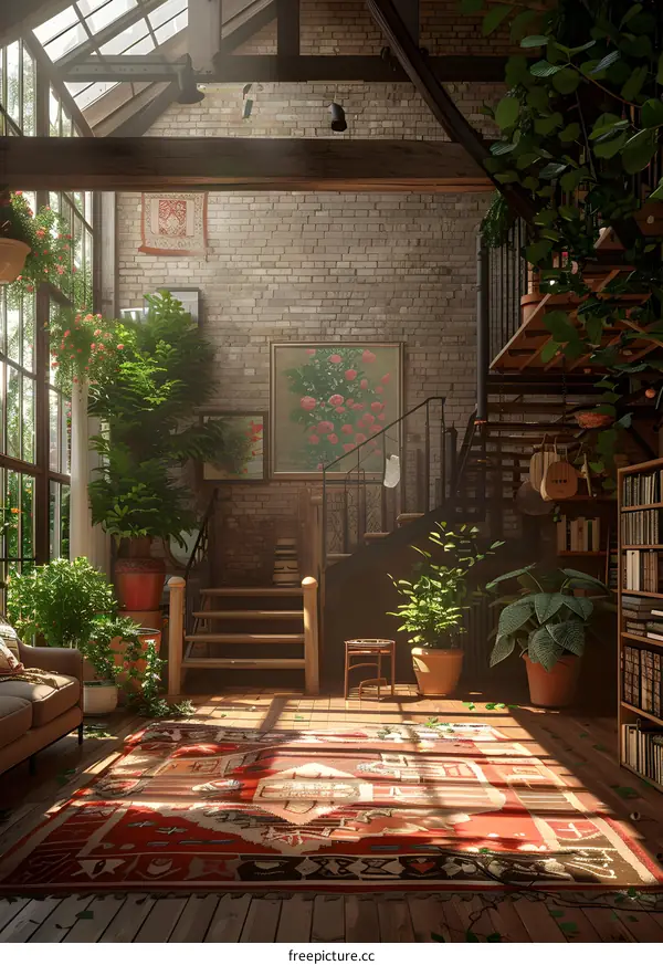 Stairway to the sunlit indoor garden