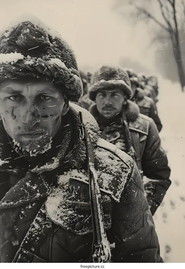 soviet soldiers in winter gear march along a snowy road during world war ii
