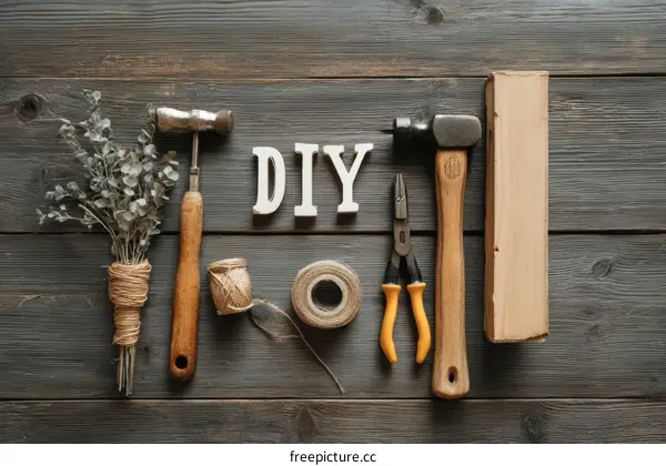 DIY Tools and Materials on Wooden Table Top