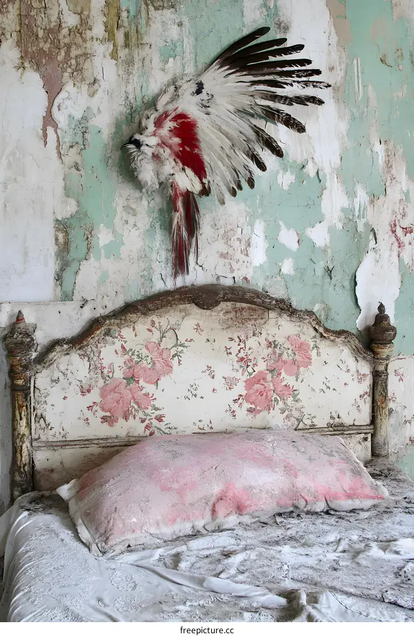 Vintage Bed with Native American Headdress