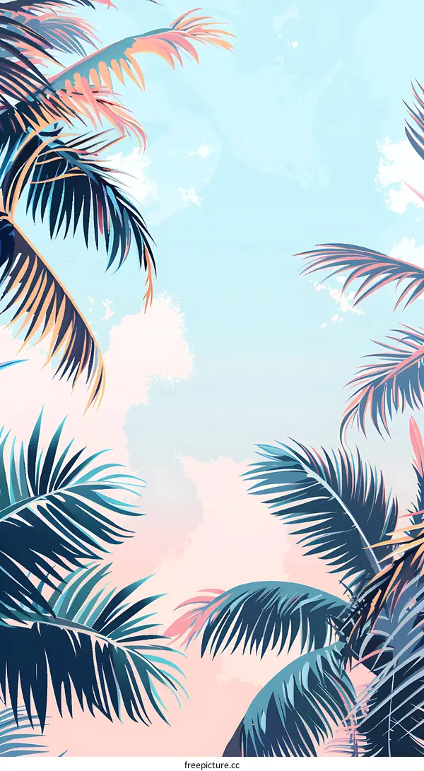 Tropical Palm Leaves with a Pink and Blue Sky Background