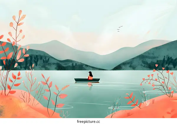 Woman in a Rowboat on a Lake with Mountains in the Background