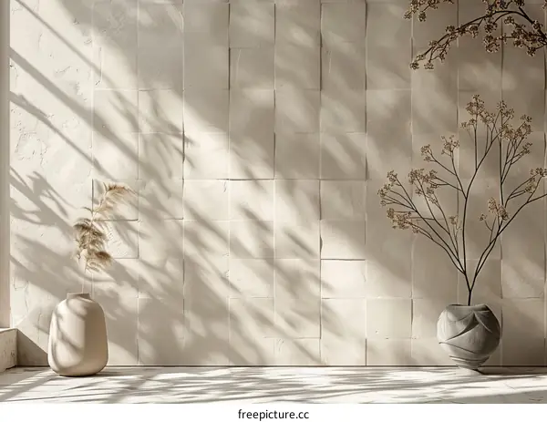 Minimalist Beige Interior with Sunlight and Dried Flowers