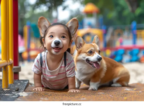 Asian toddler girl playing with a corgi dog in a playground