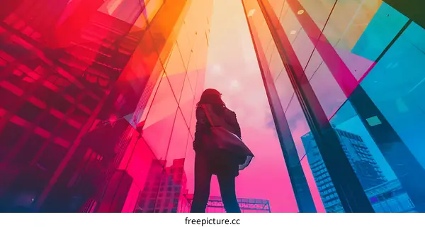 Woman Looking Up at Colorful Glass Building