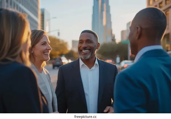 A group of business professionals talking and laughing in an urban setting