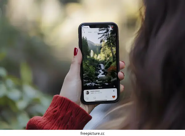 Woman Holding Phone With Waterfall Photo