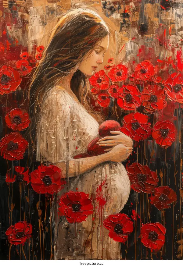 A Pregnant Woman Surrounded by Poppies