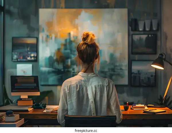 A woman is sitting at a desk in front of a painting.