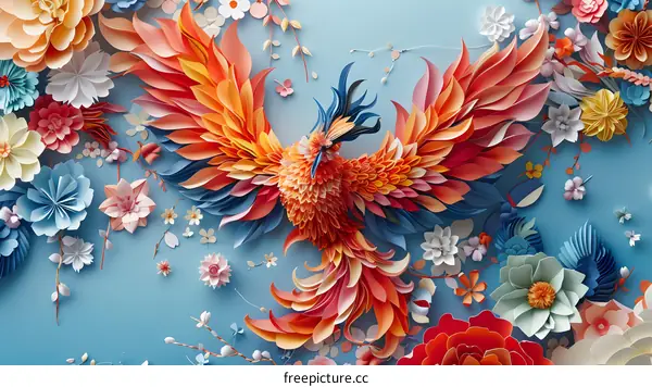Paper Art Phoenix with Flowers