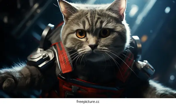 Grey Cat in Red and Grey Spacesuit Poses in Dark Room