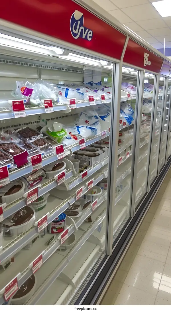 Refrigerator Display with Food Products in a Grocery Store