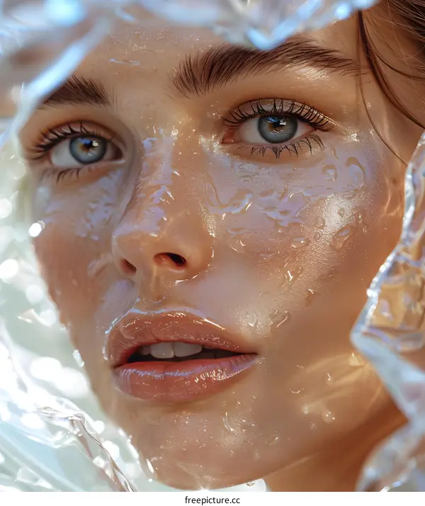 Close-up portrait of a young woman with water drops on her face
