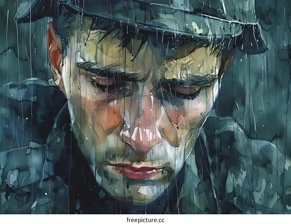 A soldier with a sad face in the rain