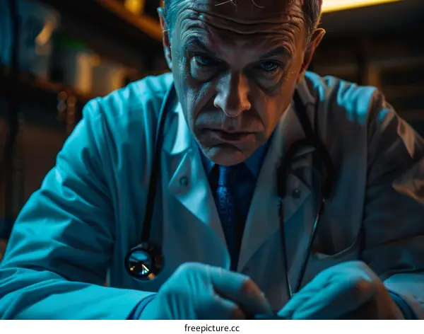 A male doctor is looking at something very seriously.