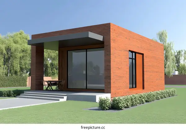 Modern Brick House Design With Patio And Green Grass