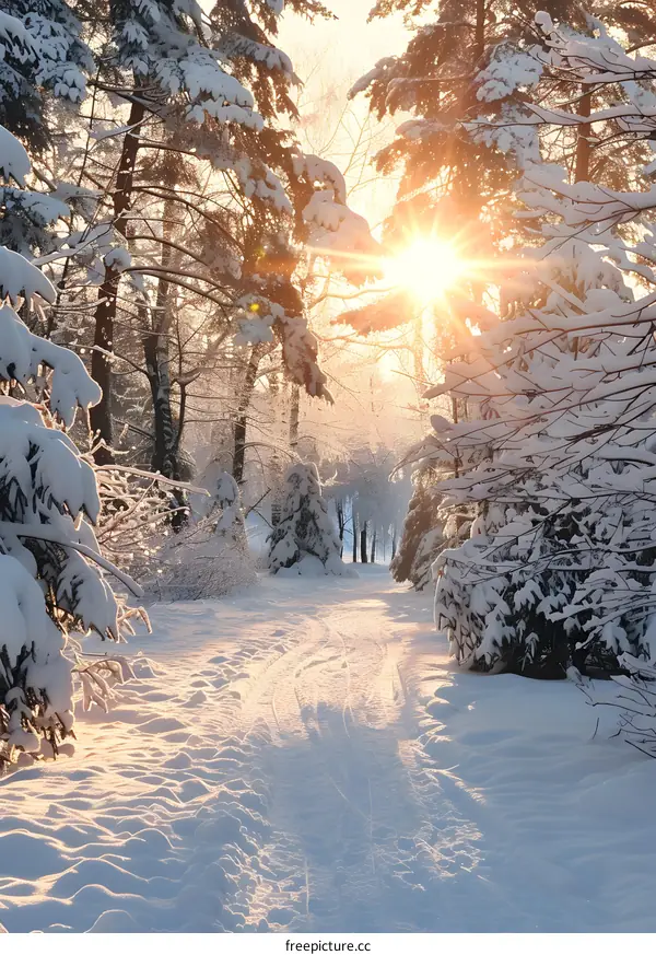 Snowy Forest Path at Sunset