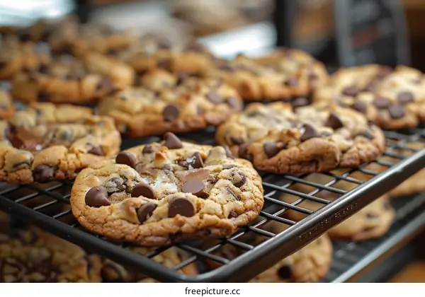 Close-up of a batch of chocolate chip cookies cooling on a wire rack
