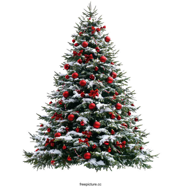 [Transparent Background PNG]Snow-covered Christmas tree with red ornaments