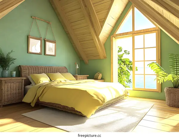 Tropical Bedroom Interior Design With Rattan Bed and Ocean View