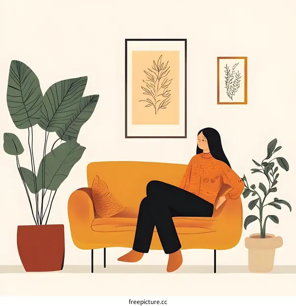 Woman Sitting on a Yellow Sofa in a Modern Interior