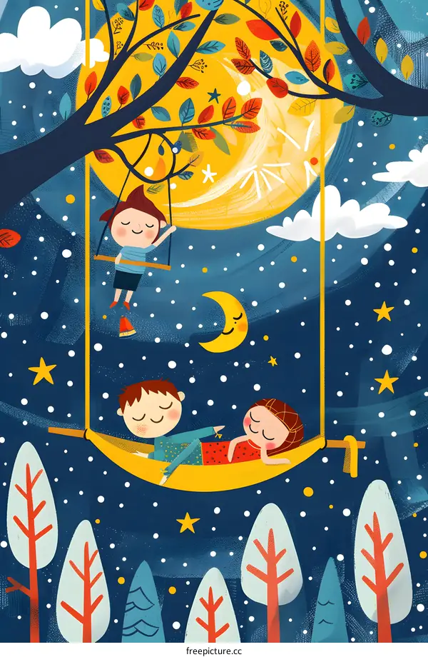 Children Swinging On Crescent Moon In Night Sky