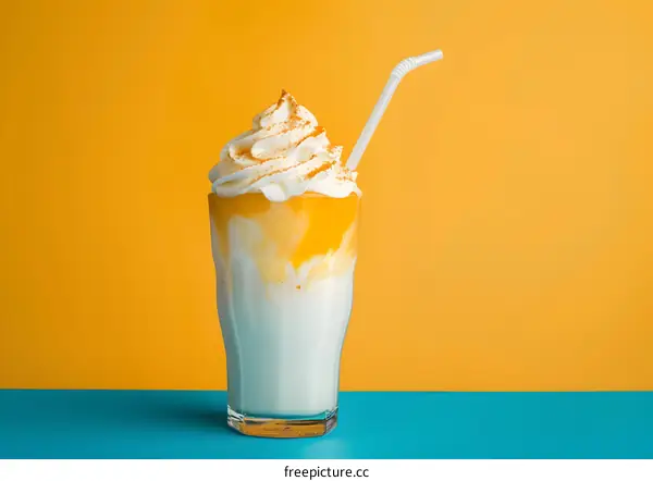 Creamy Milkshake with Whipped Cream and Straw on Yellow and Blue Background