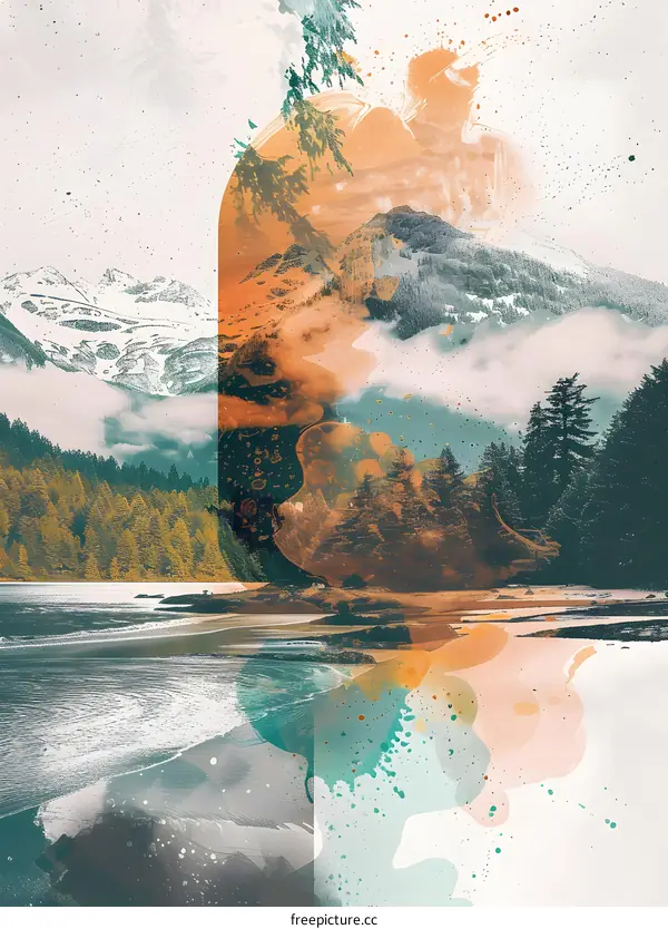 Abstract Mountain Landscape with Watercolor Splashes
