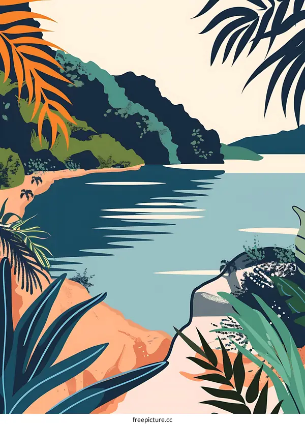 Tropical Landscape Illustration with Blue Water and Lush Green Foliage