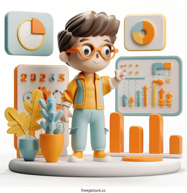 3D illustration of a businessman in glasses standing next to a plant and graphs