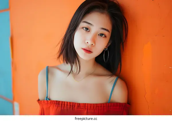 Portrait of a Young Asian Woman Leaning Against an Orange Wall