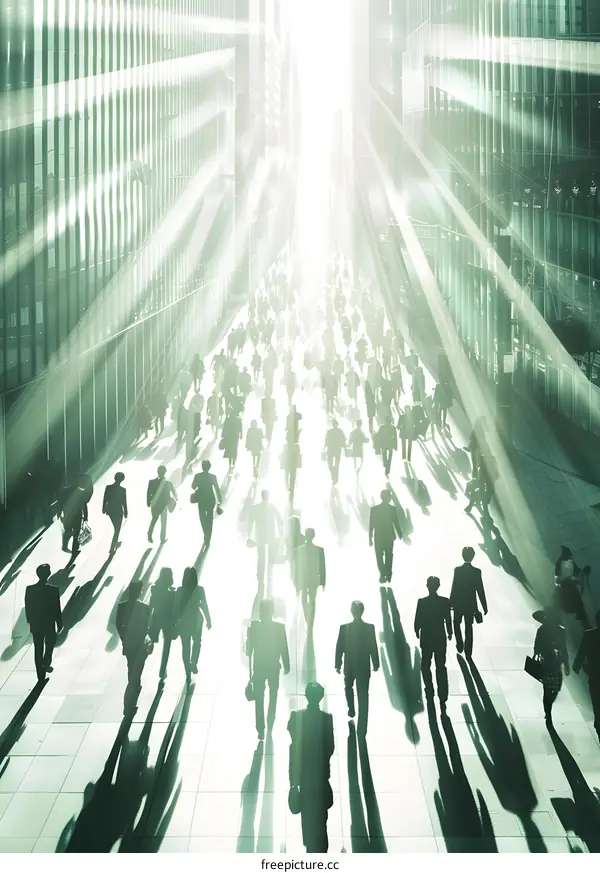 Silhouettes of People Walking Towards Bright Light in City