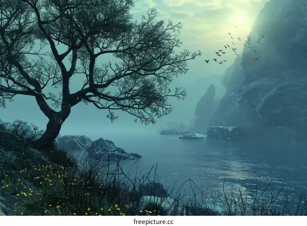 Fantasy Landscape with Towering Tree and Distant Mountains